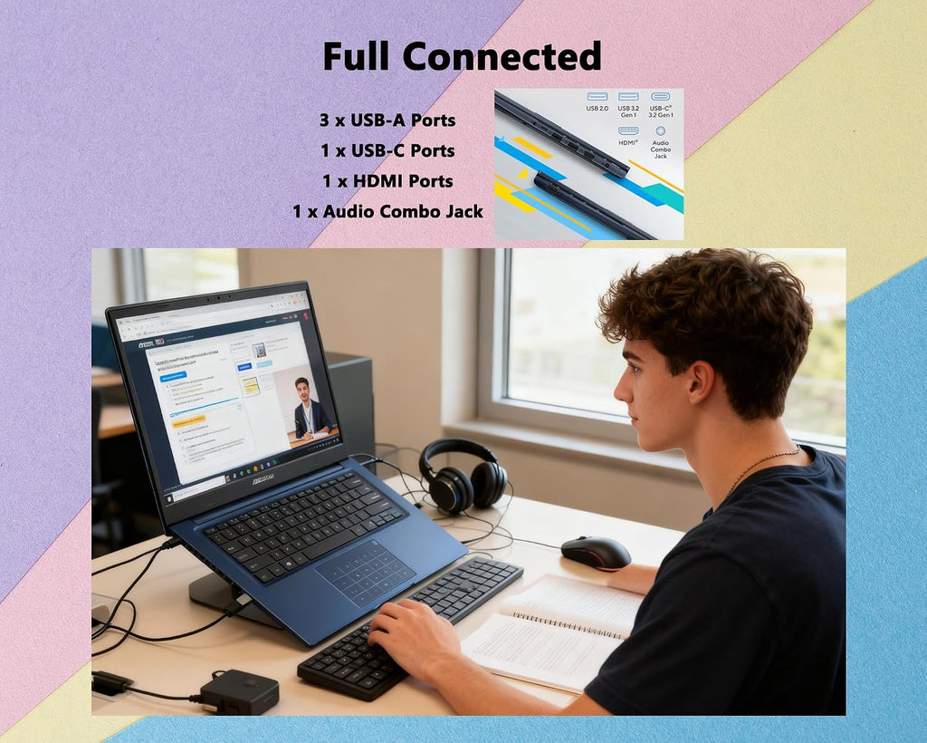 ASUS Vivobook 14' FHD 250-Nits Laptop, Intel i3-1315U, 16GB RAM+512GB SSD, Lightweight & All-Day Battery, Durability, Windows 11, NumberPad, Privacy Camera, Wi-Fi, for Business & Students, RK Bundle