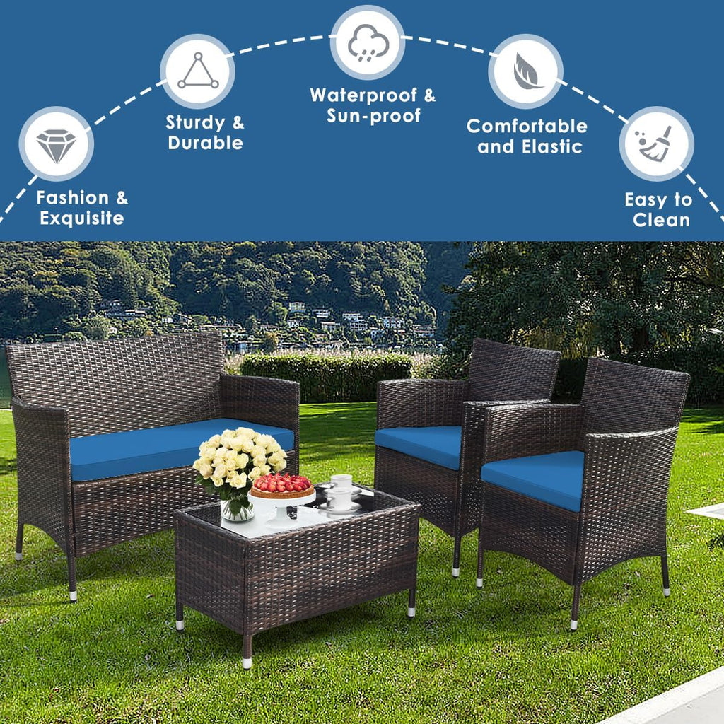 Goplus 4-Piece Rattan Patio Set, Outdoor/Indoor Wicker Conversation Set for Pool, Backyard, Lawn, Wicker Chairs and Sofa with Soft Cushion, Rattan Furniture with Tempered Glass Coffee Table