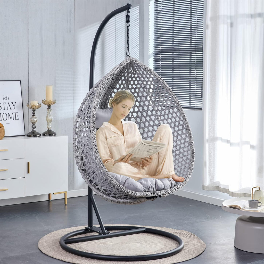 LKTART Egg Swing Chair with Stand Rattan Hanging Egg Chair with Cushions and Pillow Relaxing Chair Foldable Basket & Metal Stand Indoors or Outside 2-Grey