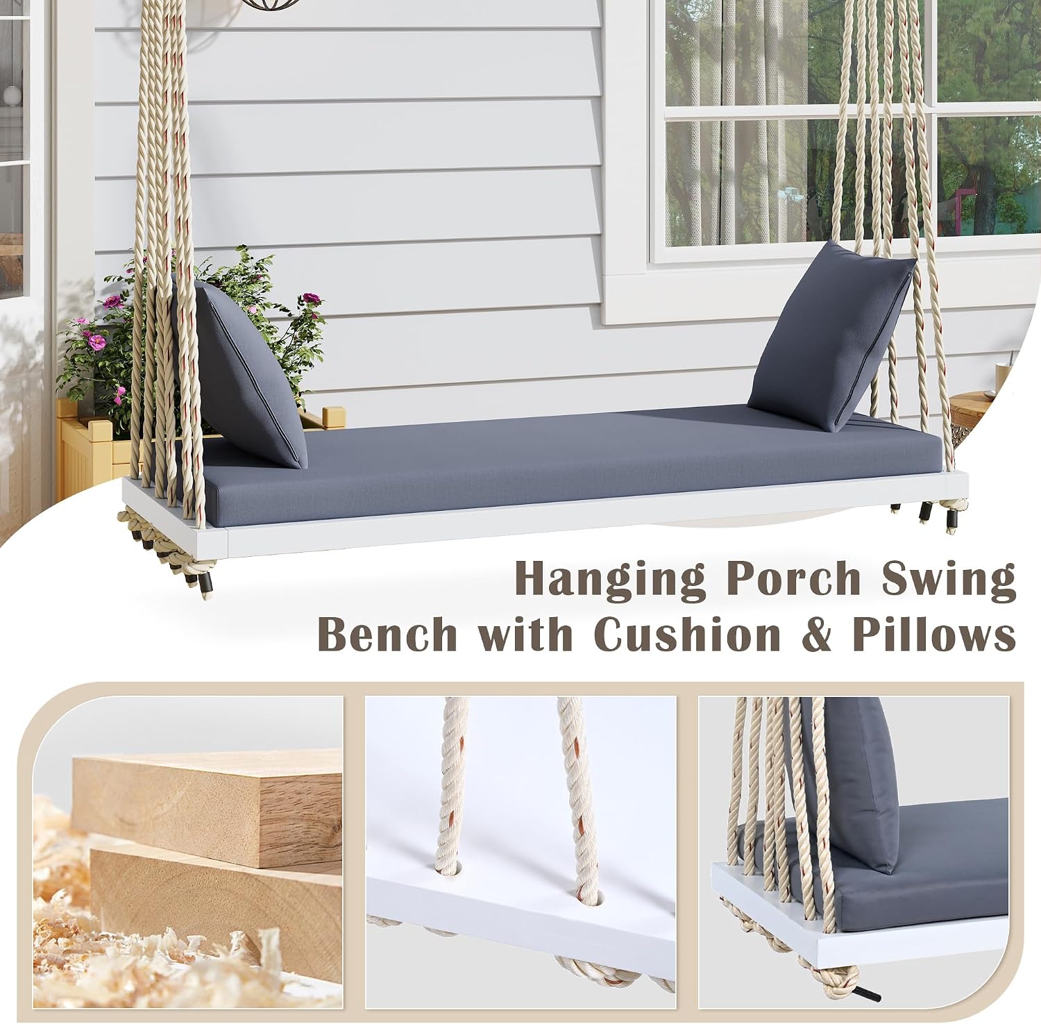 YOPTO Acacia Wood Porch Swing Bench with Cushion & Pillows, 63' Outdoor Hanging Bench for 2 Adults, Rustic Heavy Duty 10.8ft Ropes Swing Daybed for Patio Backyard Garden, White