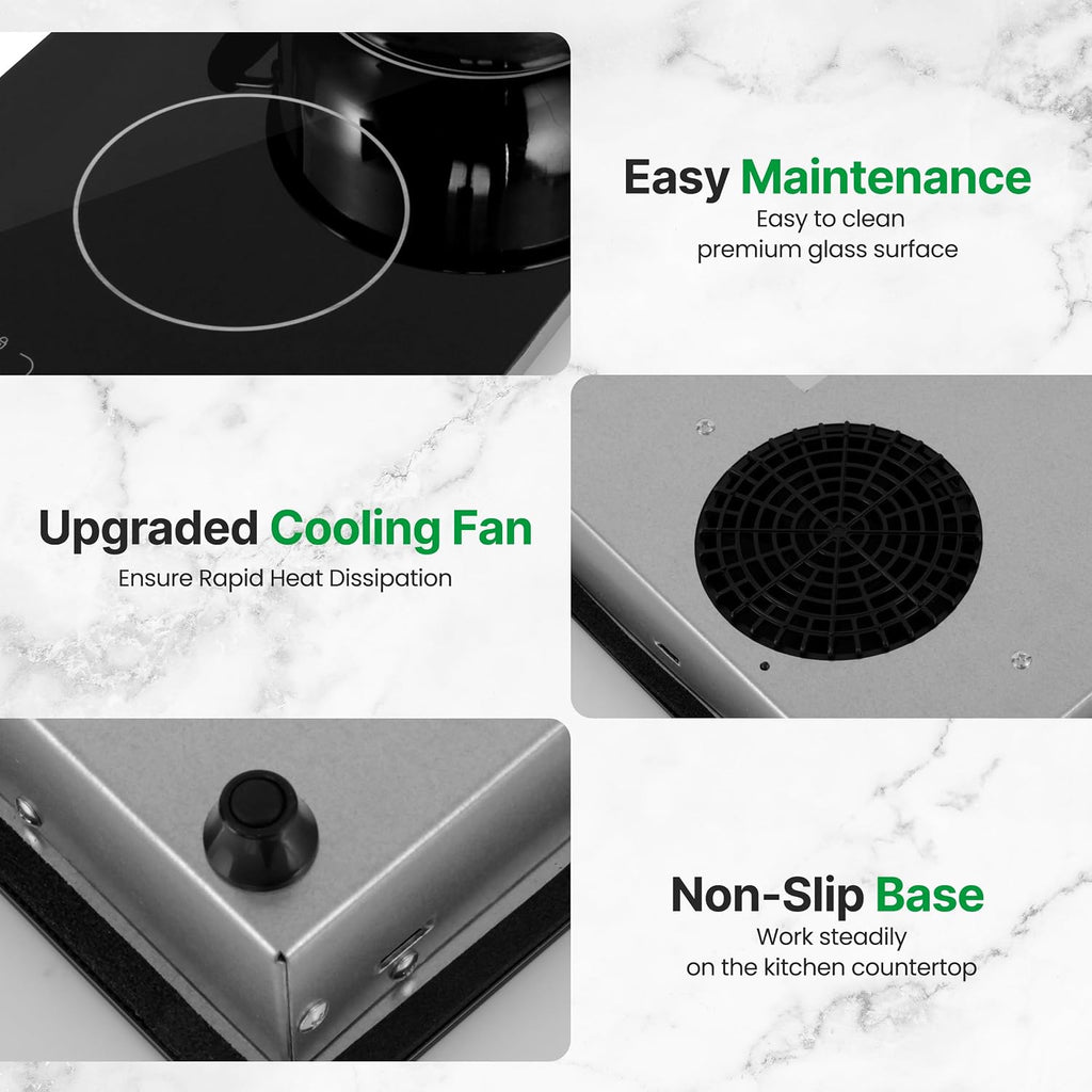 NutriChef Induction Cooktop 2 Burner, Electric Stove - Adjustable Temperature, Digital Touch Sensors, Stain-Resistant/Easy-to-Clean, Induction Hot Plate, 20 x 11 Inch - 1800 Watt