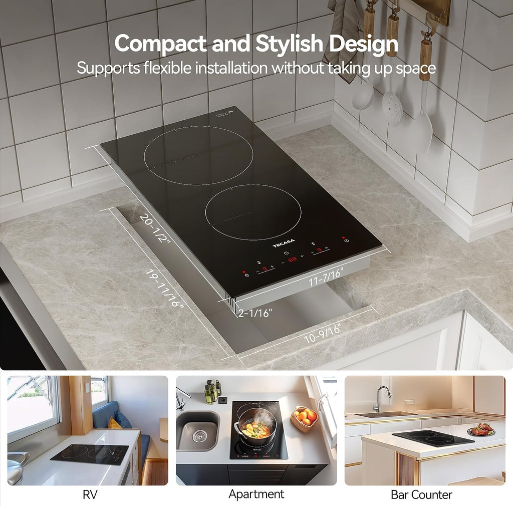 12 Inch 2 Burners Electric Cooktop, TECASA 3000W Radiant Electric Hob with 9 Power Levels, Built-in Ceramic Stove Top with Child Lock, Timer, Residual Heat Indicator, Hard Wire (No Plug)