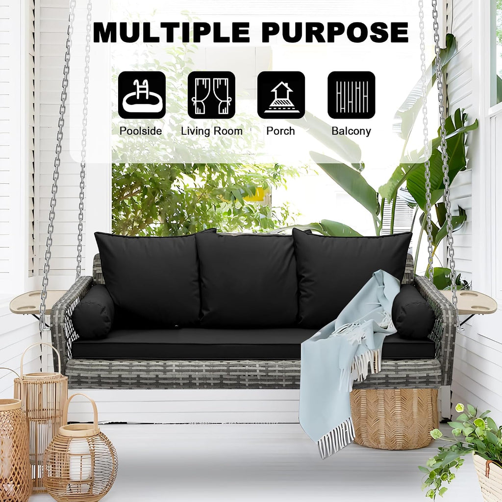 Wicker Porch Swing, 3-Seats Rattan Hanging Swing Chair, Patio Grey Swing, Outdoor Rattan Swings Bench with Cushion for Patio Backyard Poolside Garden, Black