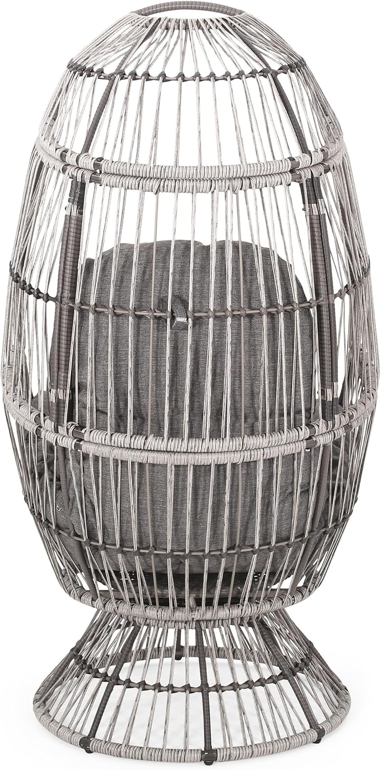 Wicker Egg Chair, Wicker Lounge Chair with Water Resistant Cushion, Indoor Outdoor Lounger for Patio, Backyard, Living Room (Gray)