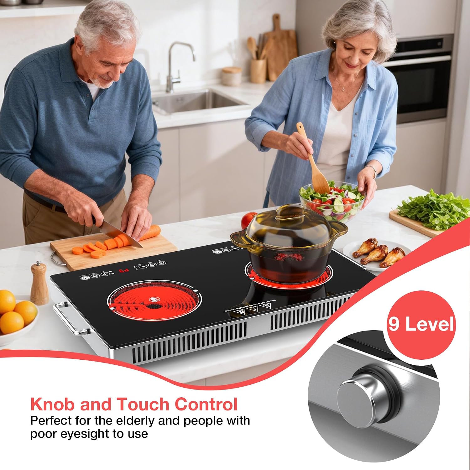 4000w Electric Cooktop 2 Burners, 23'' Electric Stove Top 110v with Plug in, GTKZW Knob Control Countertop & Built-in Ceramic Cooktop, 9 Power Levels, Child Lock, Timer, Over-Heat Protection
