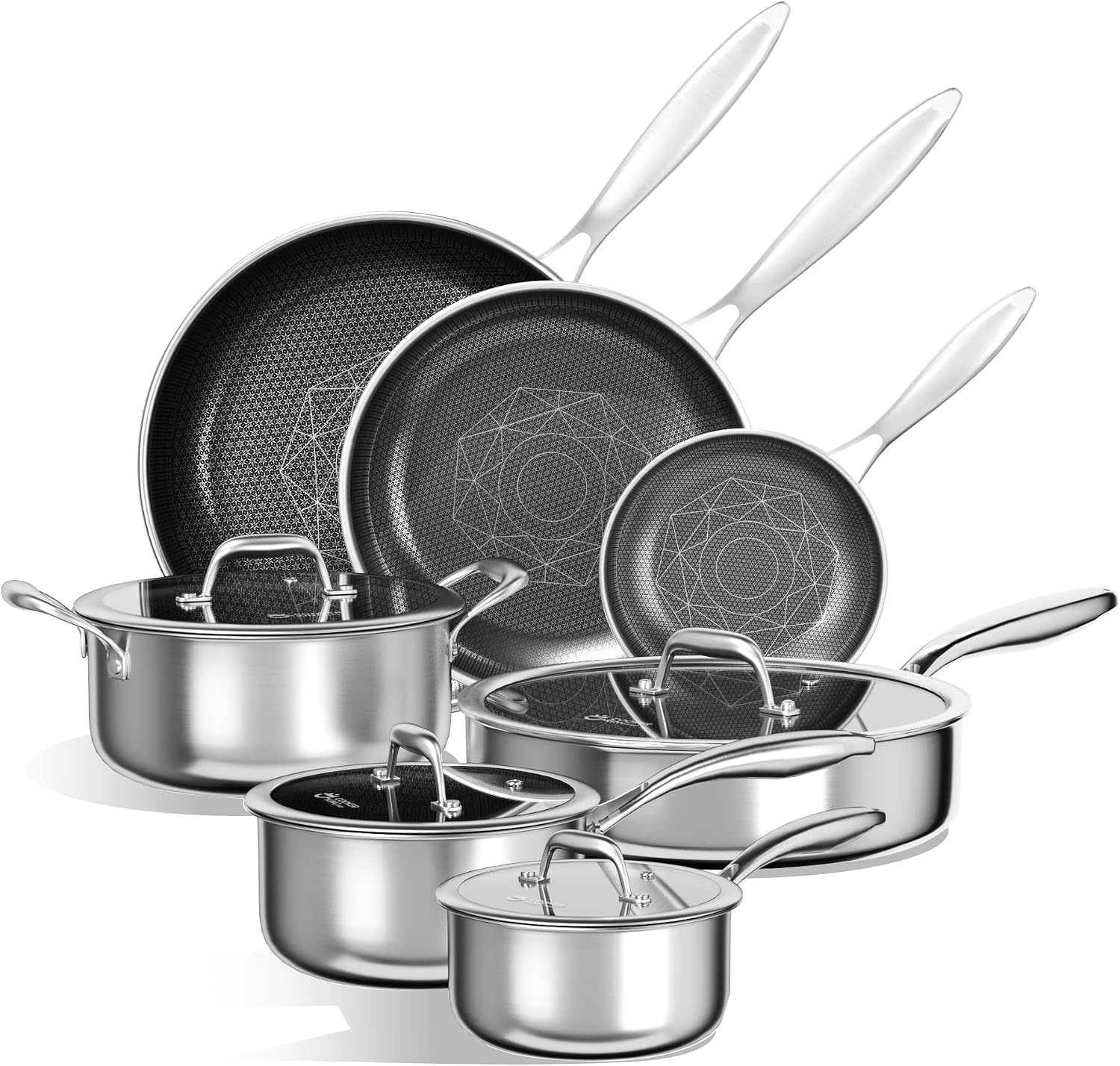COOKER KING Stainless Steel Cookware Set, 11 Pcs Pots and Pans Set, Hybrid Ceramic Cookware,Non-Stick Frying Pans, Saucepans, Saute Pan & Stock Pot, Non-Toxic, Oven Safe, Induction Compatible