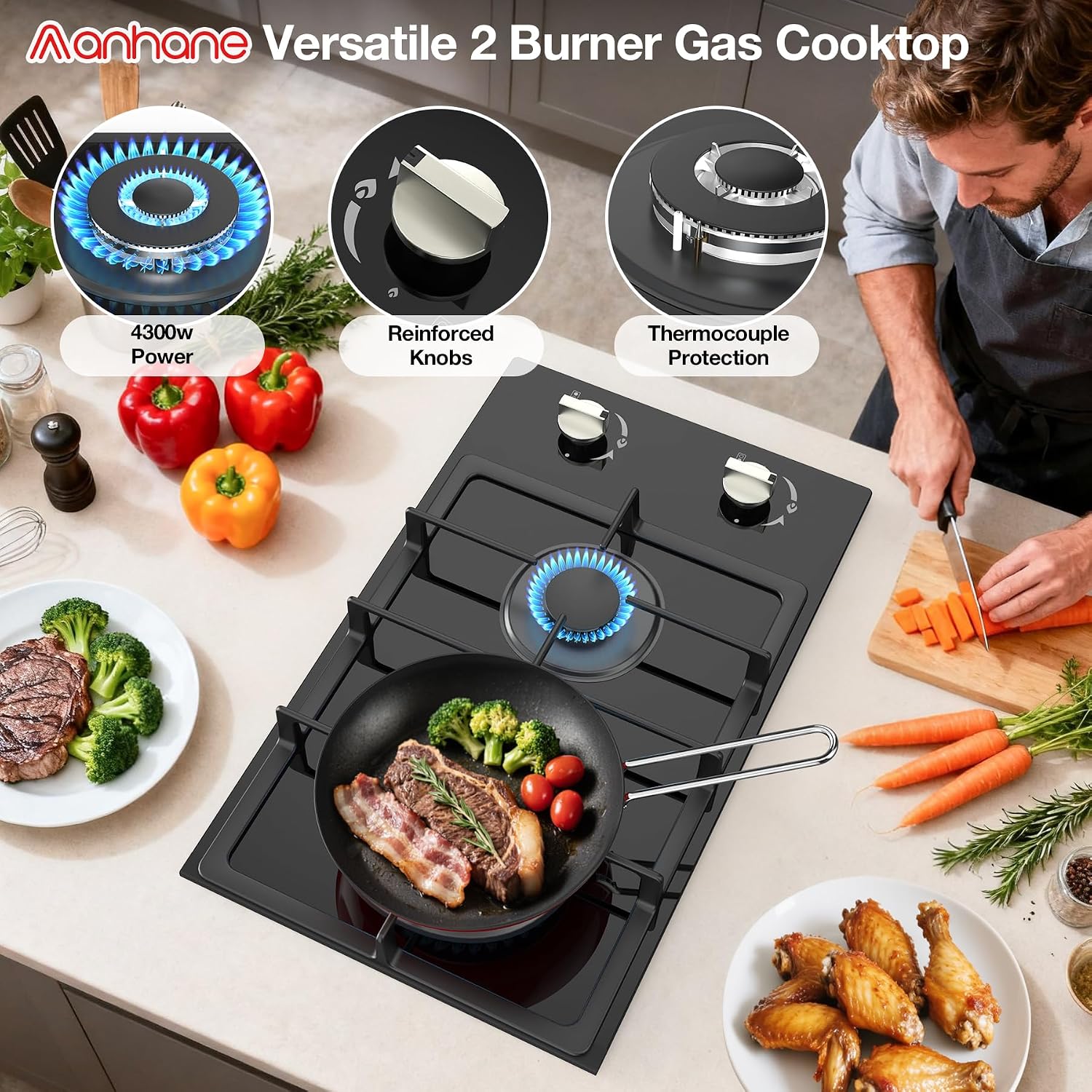 ANHANE 12-Inch Gas Cooktop, 2 Burner Drop-In Propane Stove Top, 14,600 BTU NG/LPG Dual Fuel Stainless Steel RV Cooktop with Auto-Shutoff Protection for Tiny Homes, Apartments & Campers