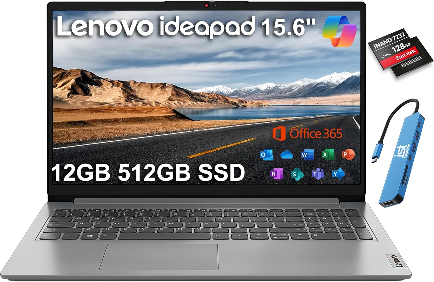 Lenovo IdeaPad 1i 15.6' HD Laptop (12GB RAM, 512GB SSD + 128GB eMMC, 1-Year Microsoft Office 365, Intel Celeron N4500) for Student, Home, Business, Numeric Keypad, IST Hub, Wi-Fi 6, Win 11 Home in S