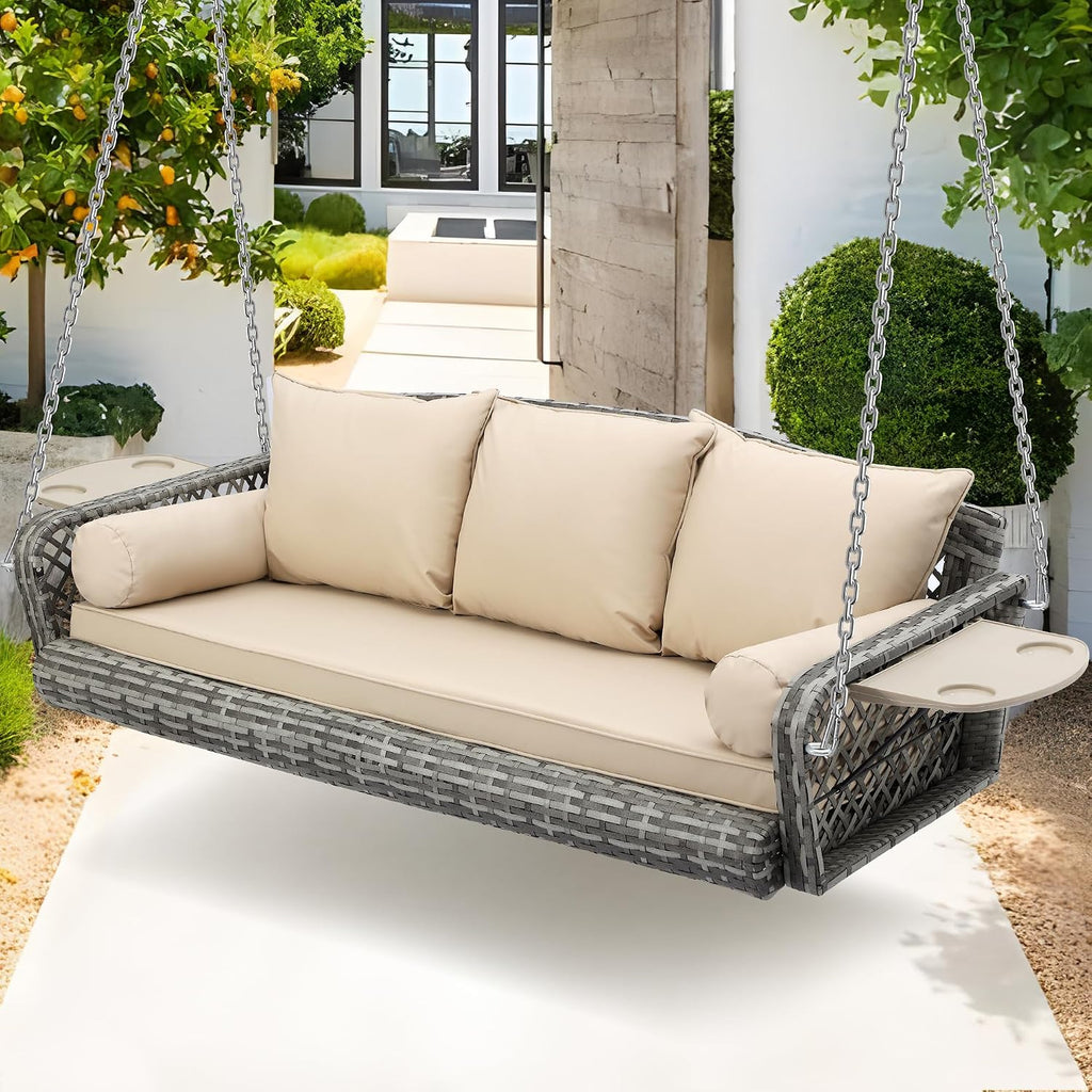 Grepatio Wicker Hanging Porch Swing - Outdoor 3 Person Patio Swing Bench with Cushion & Chains - 3-Seat Porch Swing Chair with Cup Holder for Garden, Yard, Lawn (Khaki Grey Rattan)