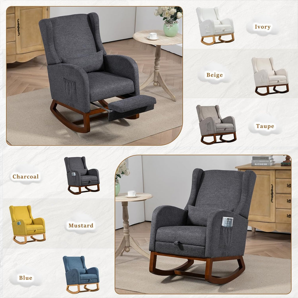 Modern Rocking Chair Nursery Glider, Comfy Rocker Nursery Chair with Foot Rest, Accent Reading Armchair with Pillow and Pocket, Upholstered Lounge Rocker with Solid Wood Base for Relaxing (Charcoal)