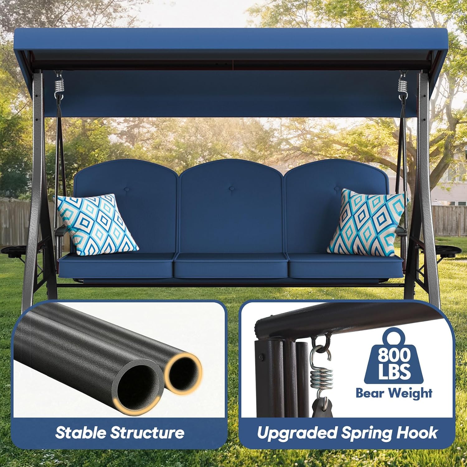 ZZW 3 Seat Outdoor Porch Patio Swing with Stand 800lbs 2-in-1 Convertible Swing Bed with Adjustable Canopy & Removable Cushion for Yard Garden Deck (Blue, Square Tube)