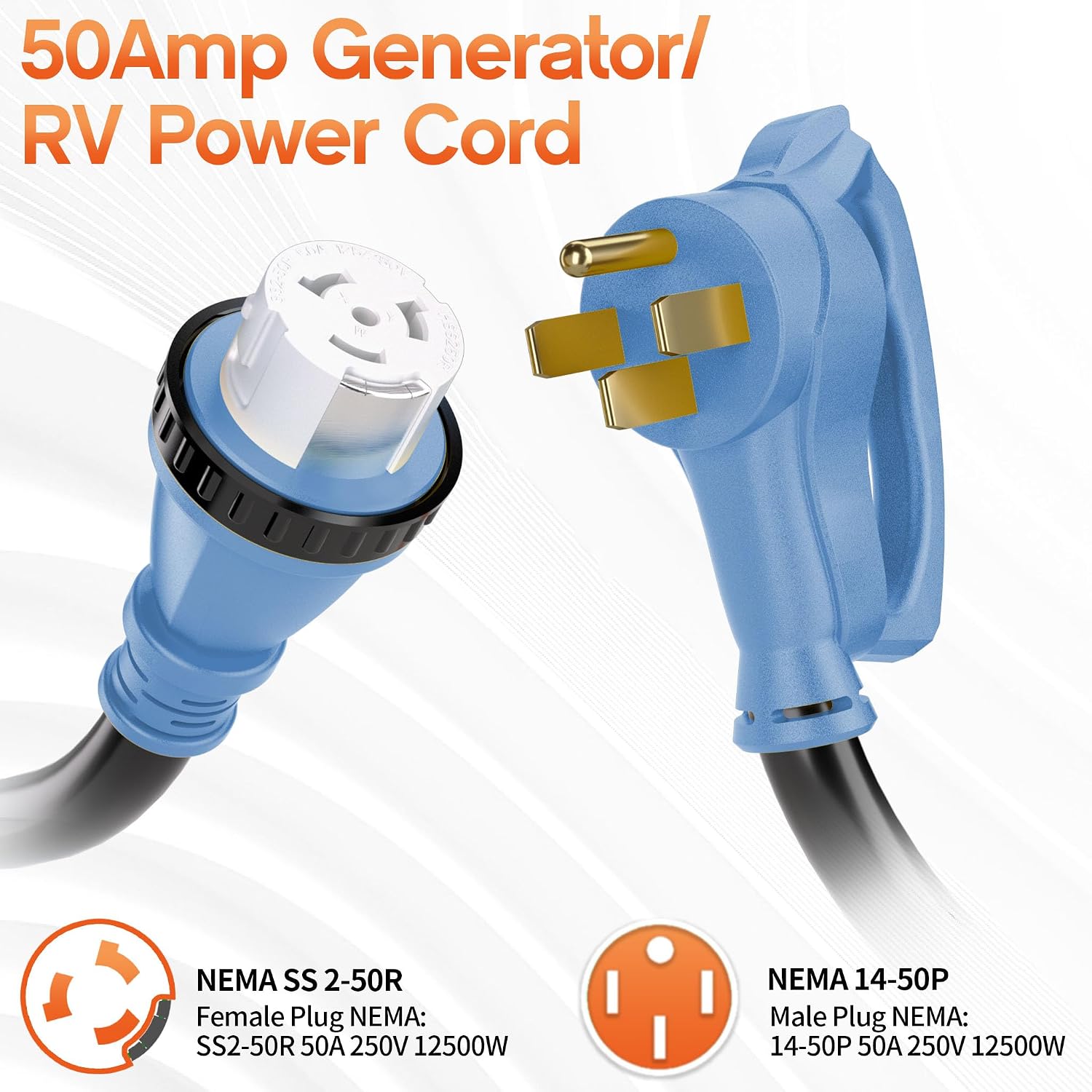 50FT 50 Amp Generator Cord, NEMA 14-50P/SS2-50R Heavy-Duty 4 Conductors Cable, Pure Copper STW RV Extension Cord, Female Plug with Twist Lock, Suitable for RV or Camper, ETL Listed