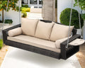 Grepatio Wicker Hanging Porch Swing - Outdoor 3 Person Patio Swing Bench with Cushion & Chains - 3-Seat Porch Swing Chair with Cup Holder for Garden, Yard, Lawn (Khaki Brown Rattan)