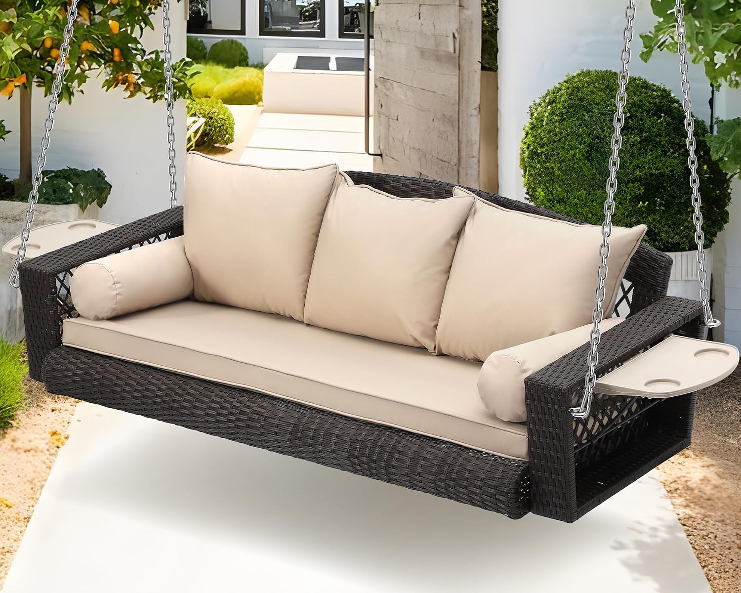 Grepatio Wicker Hanging Porch Swing - Outdoor 3 Person Patio Swing Bench with Cushion & Chains - 3-Seat Porch Swing Chair with Cup Holder for Garden, Yard, Lawn (Khaki Brown Rattan)