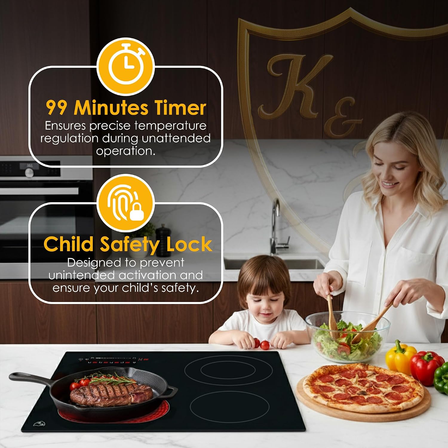 K&H 4 Burner Electric Cooktop - 24 Inch Built-In Radiant Ceramic Stove Top - 17 Power Levels & Touch Control, Compatible with All Cookware, 240V, 7200W High-Power Built-in Electric Stove, CE24-7206SL