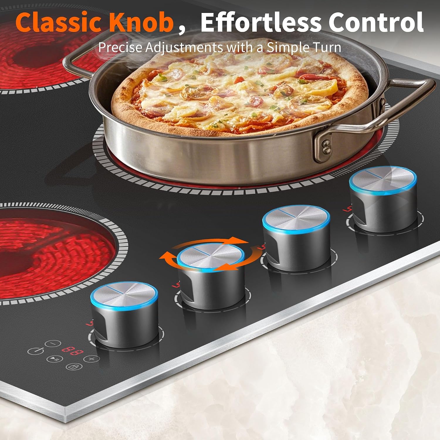 4 Burner Electric Cooktop, 24 Inch Electric Stove 6000W, 220V-240V Built-in Ceramic Stovetop with Knob Control, Child Lock, Timer Control, Residual Heat Indicator, Hard Wire(No Plug)