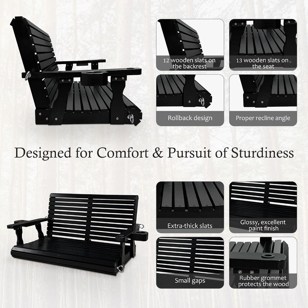 Wooden Porch Swing 2-Seater, High Backrest and Deep Seat, Bench Swing with Cupholders, Hanging Chains and 7mm Springs, Heavy Duty 880 LBS, for Outdoor Patio Garden (Carbon Black - 4 FT Extra Large)