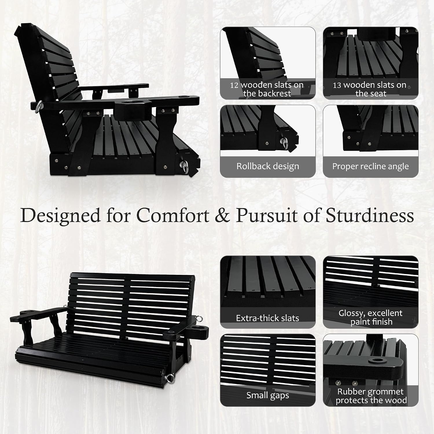 Wooden Porch Swing 2-Seater, High Backrest and Deep Seat, Bench Swing with Cupholders, Hanging Chains and 7mm Springs, Heavy Duty 880 LBS, for Outdoor Patio Garden (Carbon Black - 4 FT Extra Large)