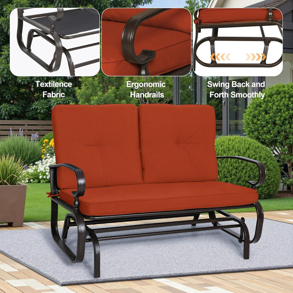 Incbruce Outdoor Glider Rocking Chair Patio Glider Bench for 2 Person, Porch Loveseat Seating Patio Steel Frame Chair Set with Cushion for Porch, Patio, Garden (Red)