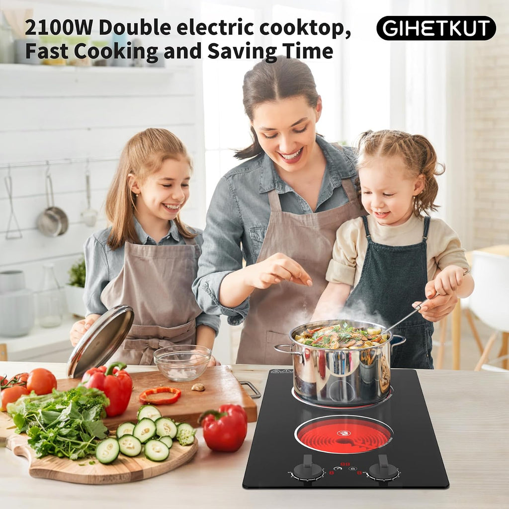 GIHETKUT Electric Cooktop,110V 2100W Stove top,Countertop and Built-in 2 burner cooktop,9-speed power, child safety lock, timer, knob and touch control 2 burner Electric cooktop