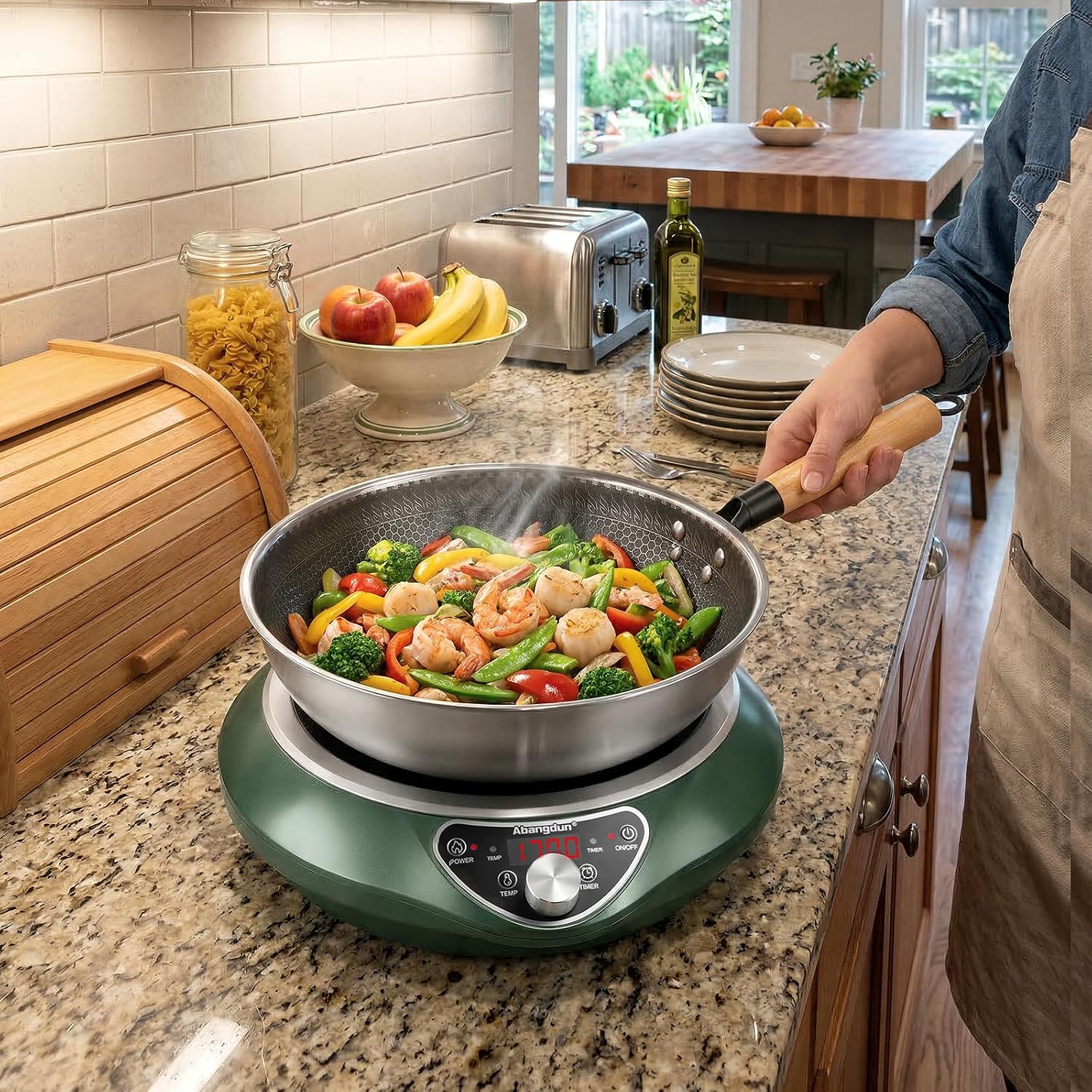 1700W 120V Concave Induction Wok Cooktop with Stainless Steel Wok, Non-Pulse Continuous Heating, 16 Power Levels, Portable Countertop Burner for Round-Bottom Woks & Stir-Fry Cooking