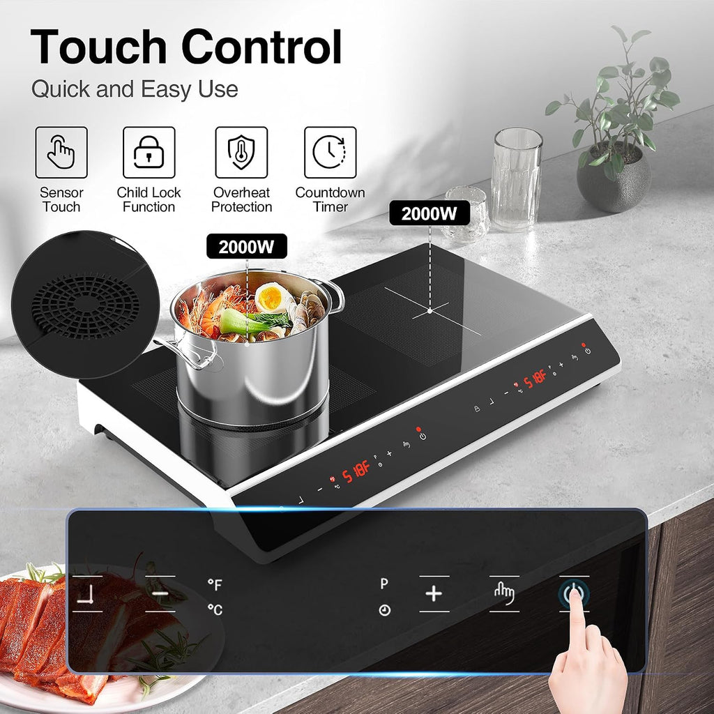 GIHETKUT Double Induction Cooktop, 4000W 2 burner Induction cooktop with LED Touch Screen 10 Levels Settings with Child Safety Lock & Timer 110V Electric burner with hot plate