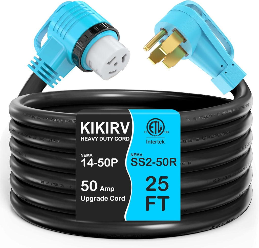 25 Feet 50 Amp RV/Generator Cord, 100% Copper Wire, Newly Designed 90°Grip Handle, NEMA 14-50P to SS2-50R Twist Lock, 6/3+8/1 Gauge STW Wire, ETL Listed