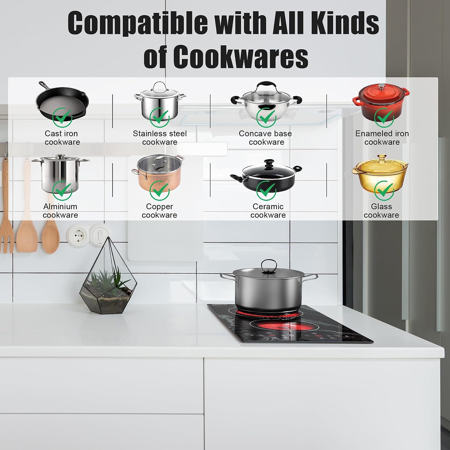 Karinear Portable Electric Cooktop 2 Burners, 110v Plug in Electric Stove Top, Countertop Use or Built-in Install, 12'' Ceramic Cooktop with Beautiful Wave Patterned