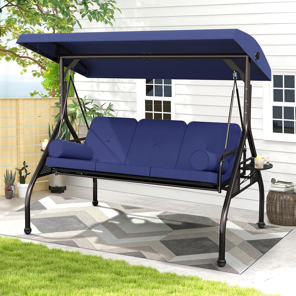 Betterland 3-Seat Patio Swing Chair, Outdoor Porch Swing with Cushions,Pillows & Cup Holders, Adjustable Canopy Outside Bench Swing for Porch，Backyard,Garden(Blue)