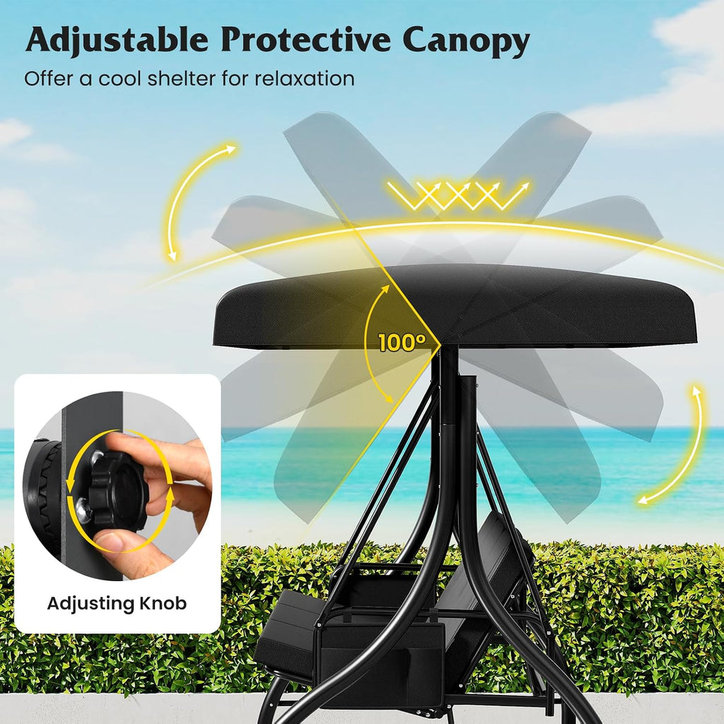 Tangkula 3 Person Porch Swing, 2-in-1 Convertible Outdoor Swing with Adjustable Canopy, Removable Cushions, Metal Frame, Side Pockets for Backyard, Garden, Porch (Black)