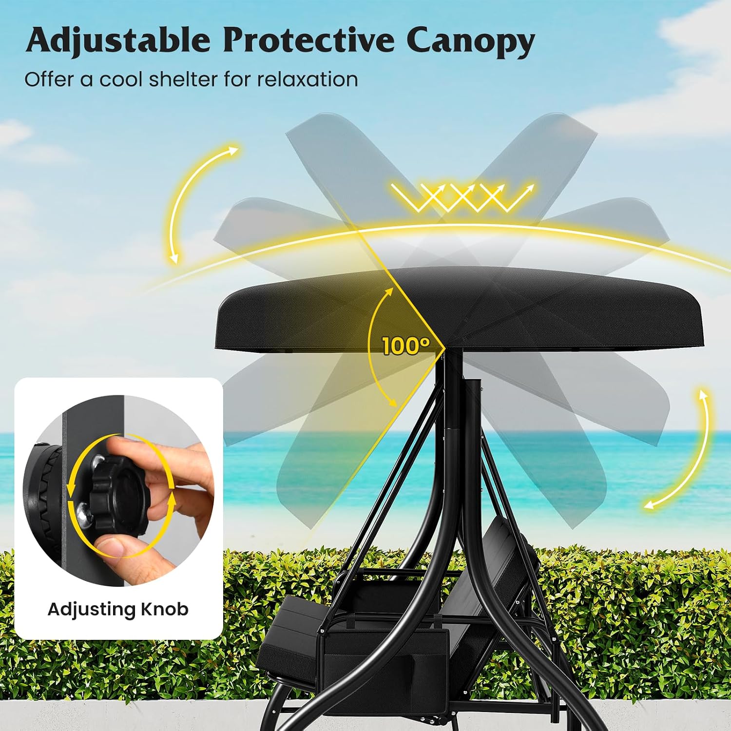 Tangkula 3 Person Porch Swing, 2-in-1 Convertible Outdoor Swing with Adjustable Canopy, Removable Cushions, Metal Frame, Side Pockets for Backyard, Garden, Porch (Black)
