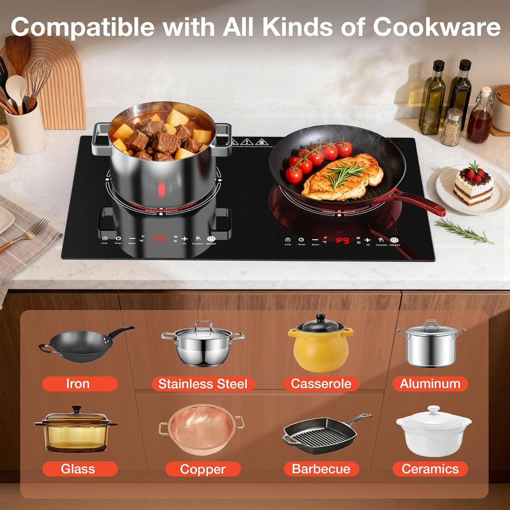 2 Burner Electric Cooktop 110V, 4000W Electric Ceramic Glass Stove Infrared Hot Plate for Cooking, 24 inch Portable Countertop & Built-in Burner, Child Lock, Timer, Touch Control, for Home Dorm Office