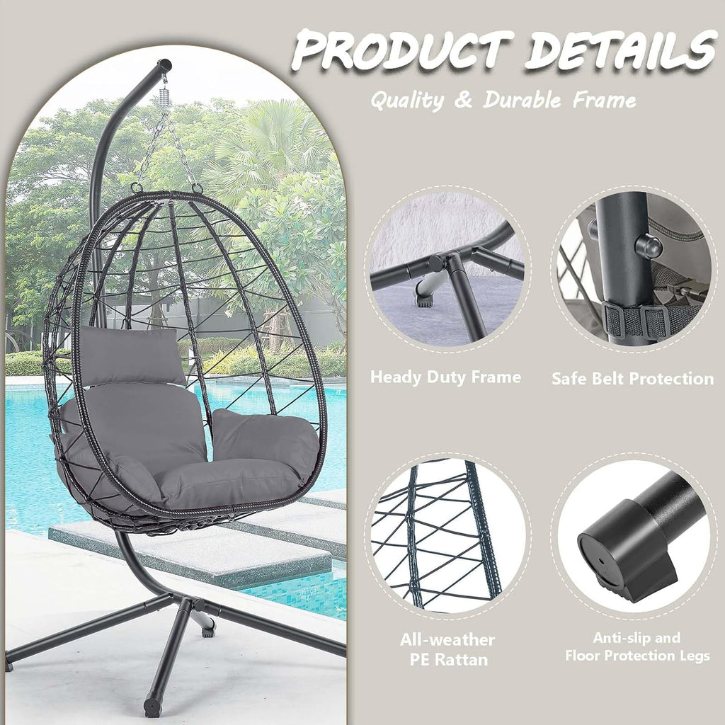Hanging Egg Chair with Stand, Black Wicker Rattan Swing Egg Chair, Indoor Outdoor Swing Chair for Patio Balcony Porch Bedroom, 350 LBS Capacity (Dark Gray)