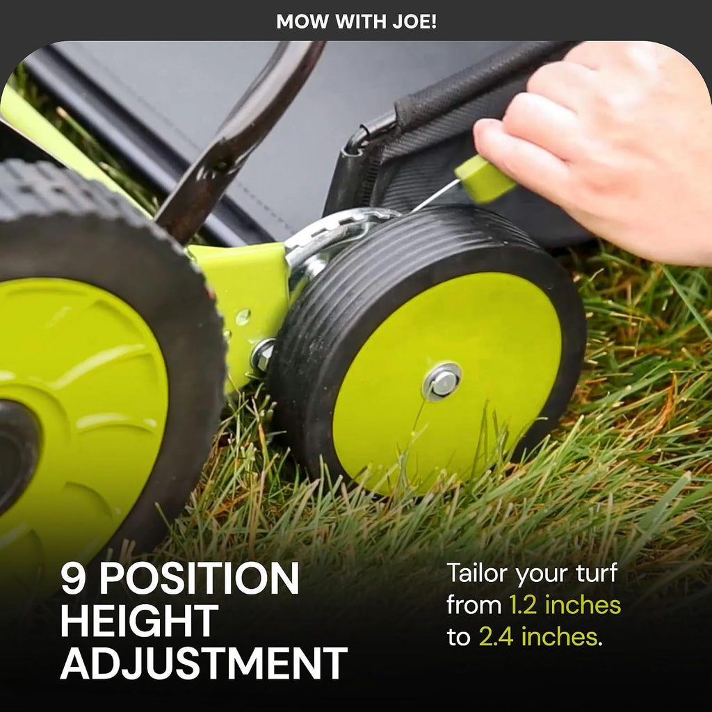 Sun Joe MJ502M Reel Mower w/ 8.5-Gallon, 9-Position Height Adjustment, Foam Grip, Compact Design, Green, 20-Inch Manual w/Grass Catcher