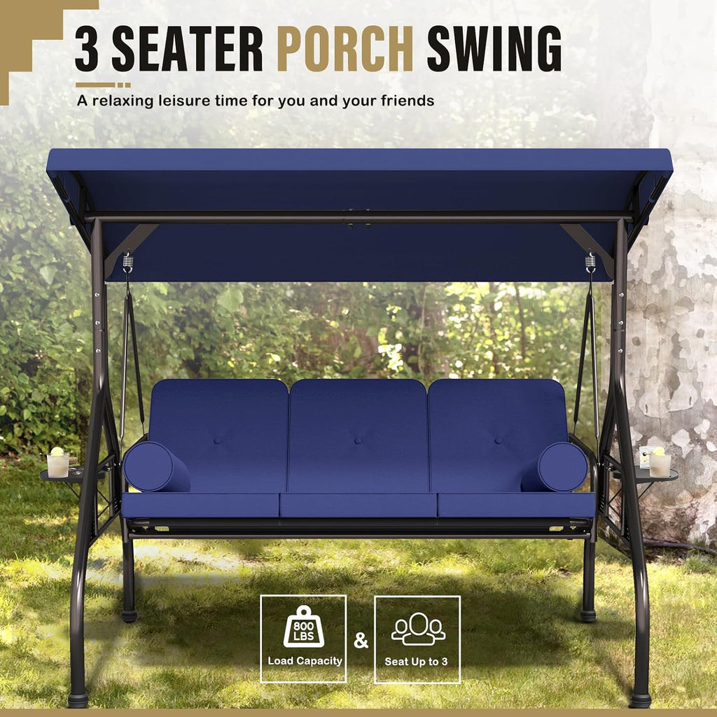 Betterland 3-Seat Patio Swing Chair, Outdoor Porch Swing with Cushions,Pillows & Cup Holders, Adjustable Canopy Outside Bench Swing for Porch，Backyard,Garden(Blue)