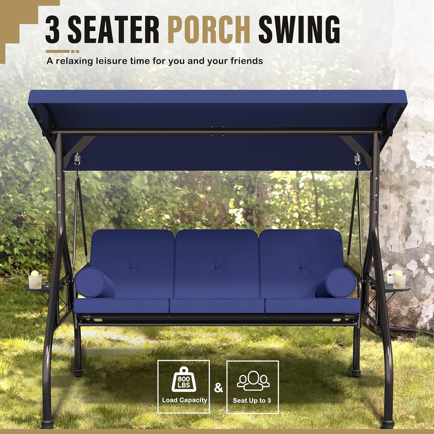 Betterland 3-Seat Patio Swing Chair, Outdoor Porch Swing with Cushions,Pillows & Cup Holders, Adjustable Canopy Outside Bench Swing for Porch，Backyard,Garden(Blue)