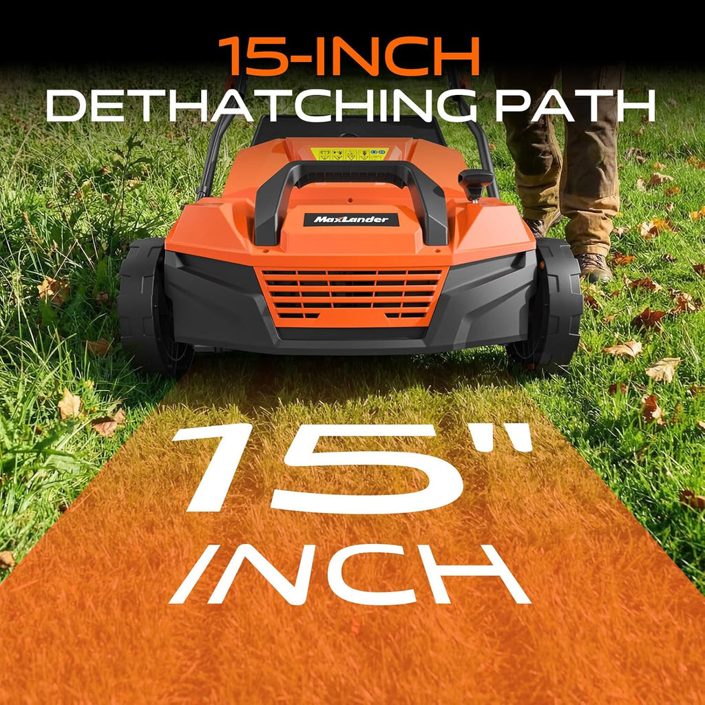 MAXLANDER 2-in-1 Electric Dethatcher and Scarifier, 15 Inch 13 Amp Corded Lawn Dethatcher with 5-Position Depth Adjustment, 45L Removable Collection Bag, Walk Behind Machine for Garden Yard Grass