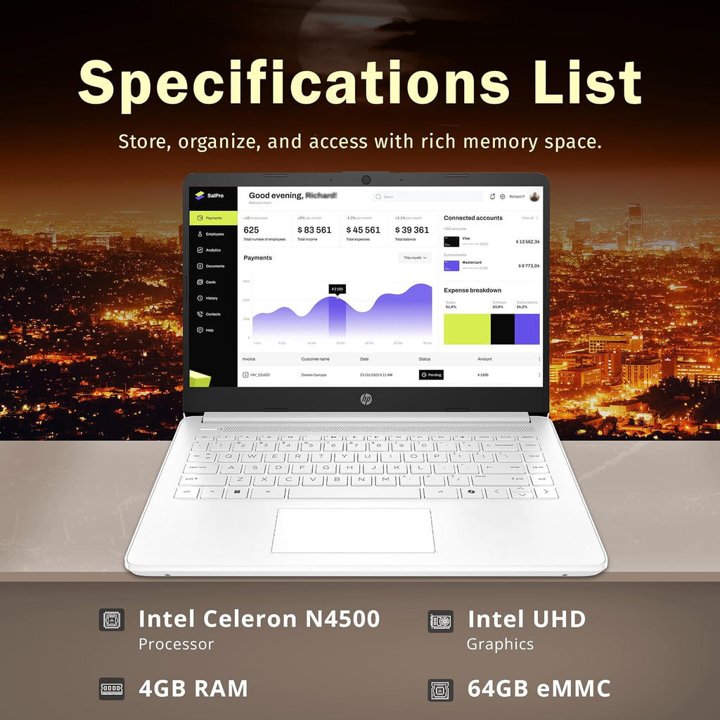 HP 14' HD Student Laptop, Intel Celeron N4500, 4GB DDR4 RAM, 64GB eMMC, Intel UHD Graphics, 720p HD Camera, Copilot, Fast Charge, Wi-Fi 6, Windows 11S, White (Renewed)