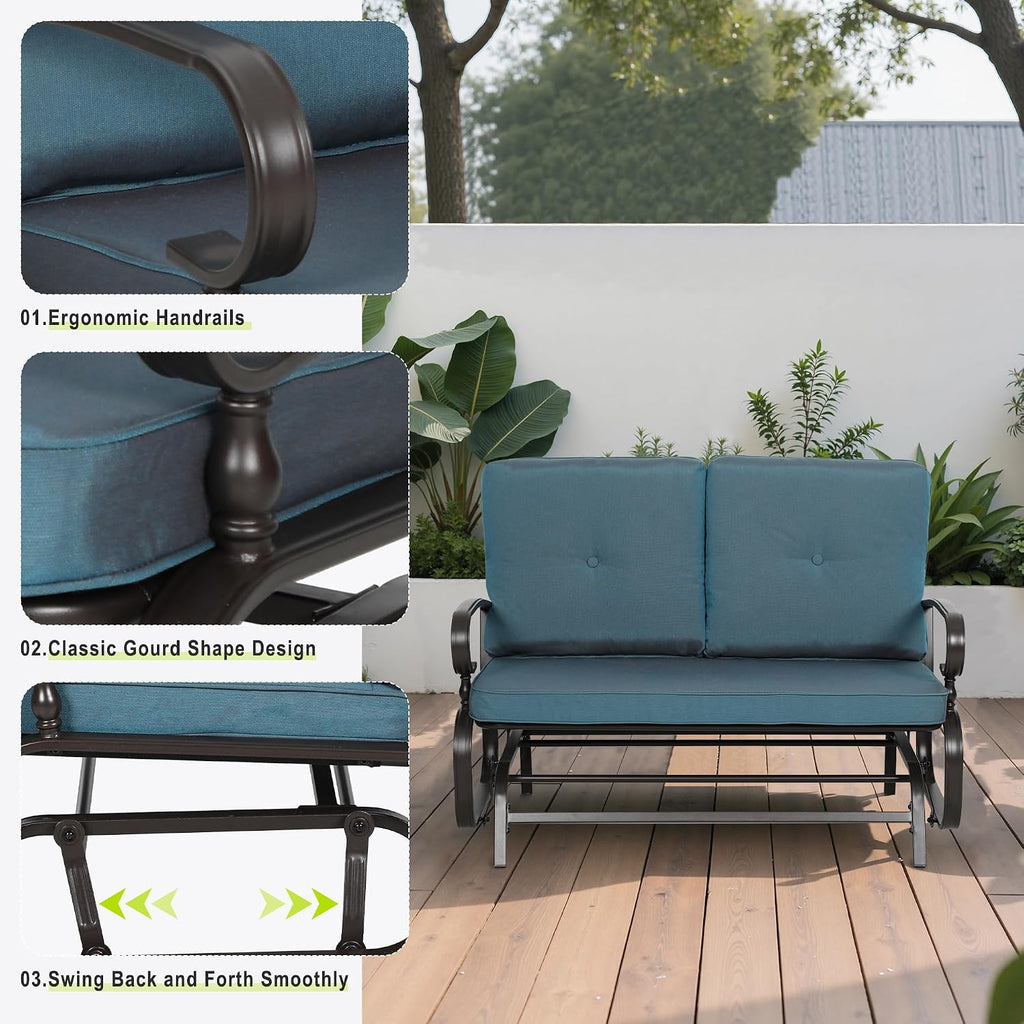 Outdoor Bench Patio Swing Glider Loveseat 2 Seats Rocking Chair, Wrought Iron Gliders for Outside Patio with Cushion (Blue)