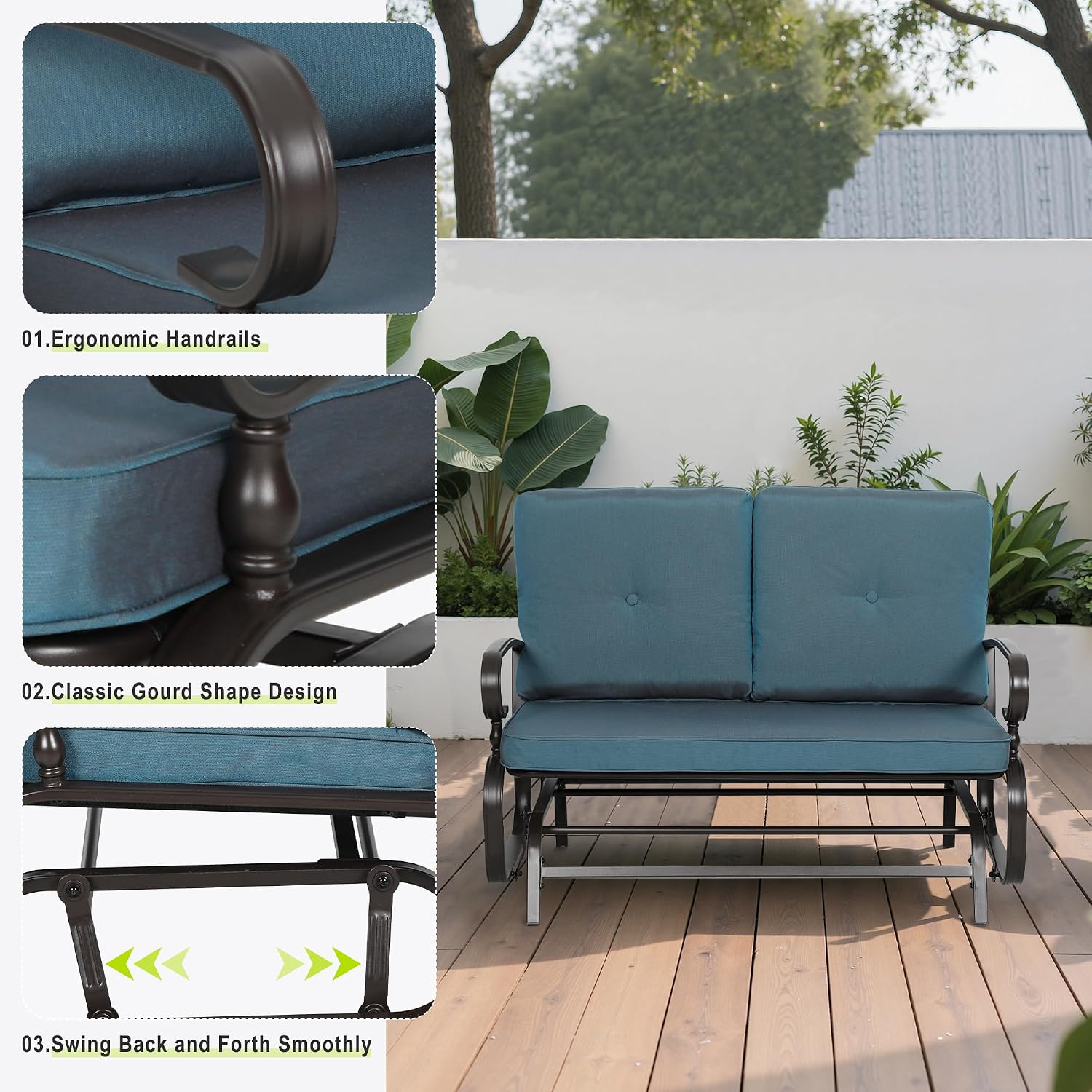 Outdoor Bench Patio Swing Glider Loveseat 2 Seats Rocking Chair, Wrought Iron Gliders for Outside Patio with Cushion (Blue)