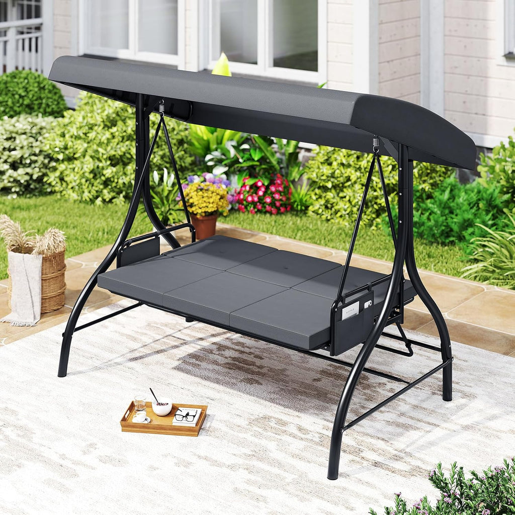 Tangkula 3 Person Porch Swing, 2-in-1 Convertible Outdoor Swing with Adjustable Canopy, Removable Cushions, Metal Frame, Side Pockets for Backyard, Garden, Porch (Gray)