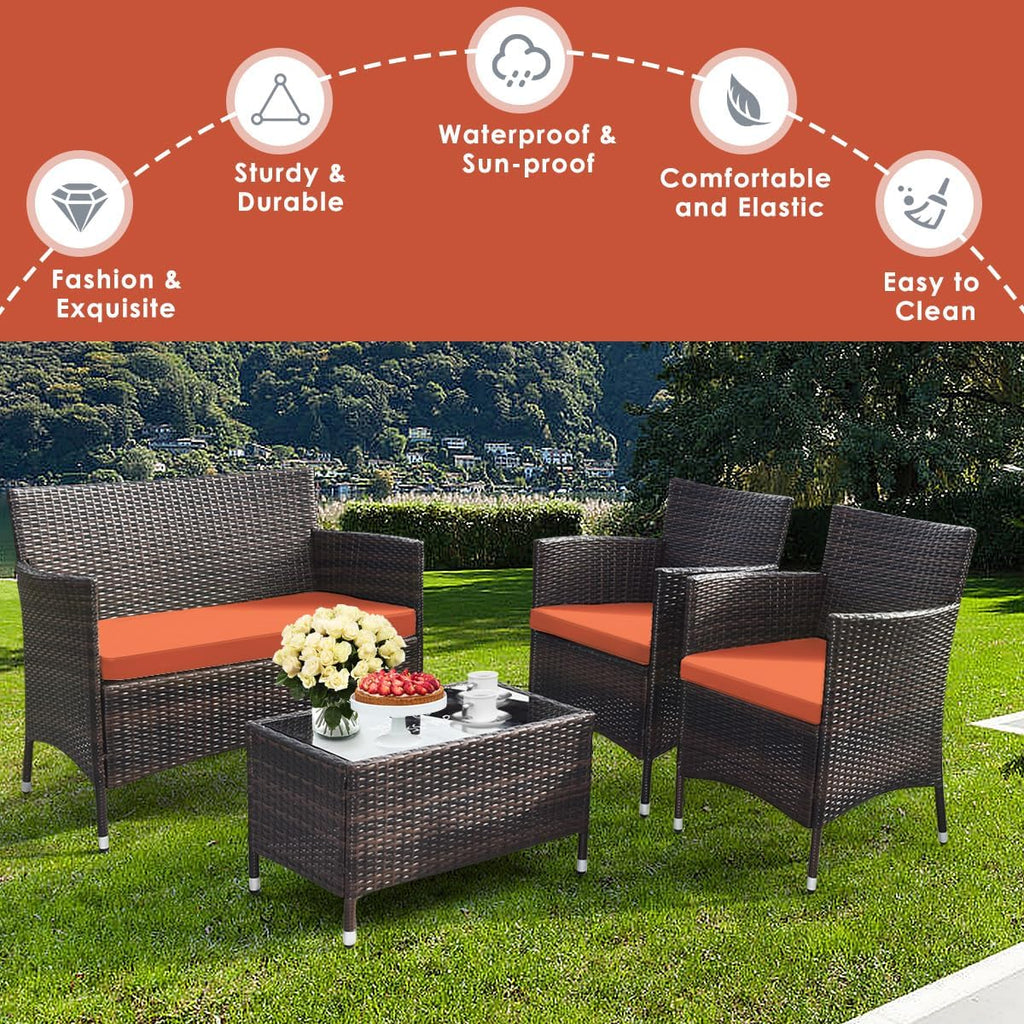 Goplus 4-Piece Rattan Patio Set, Outdoor/Indoor Wicker Conversation Set for Pool, Backyard, Lawn, Wicker Chairs and Sofa with Soft Cushion, Rattan Furniture with Tempered Glass Coffee Table