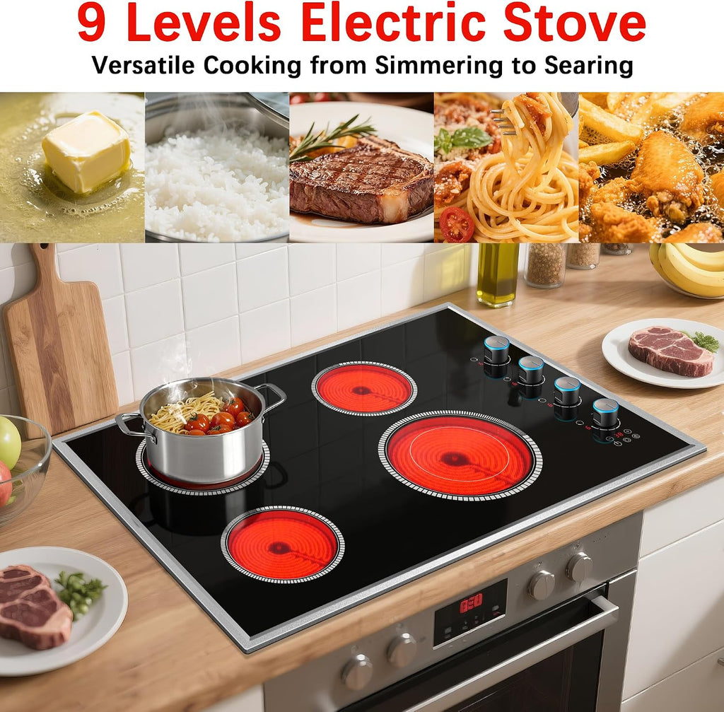 30 Inch Electric Cooktop, 4 Burner Electric Stove Top with Knob Control, 6700W Stove Top Burner with Overheat Protection, Child Lock, Timer, Durable Metal Frame, Bulit-in Glass Top 220-240V Hardwired