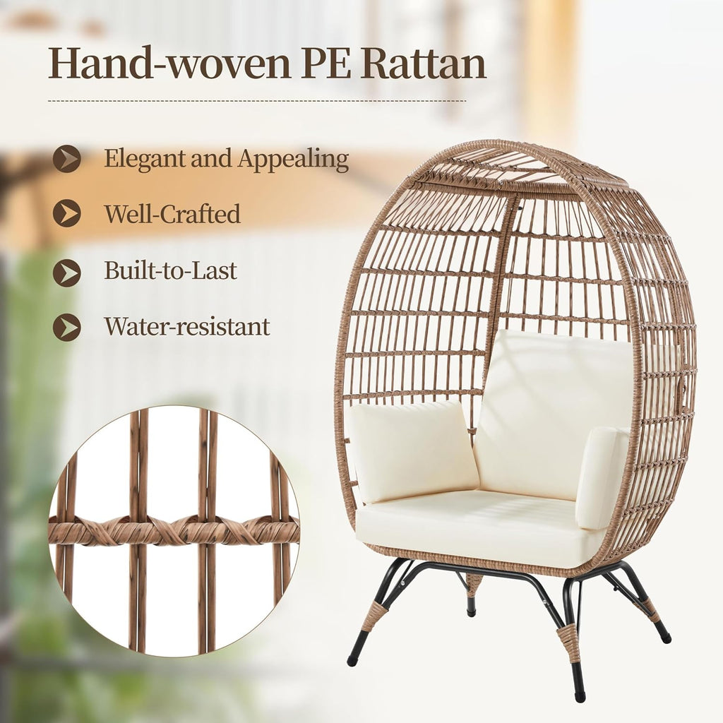 Yaheetech Egg Rattan Chair, Oversized Indoor/Outdoor Egg-Shaped PE Basket Lounger with 4 Cushions, Metal Frame Stand for Patio, Balcony, Backyard, Living Room, Light Brown/Ivory