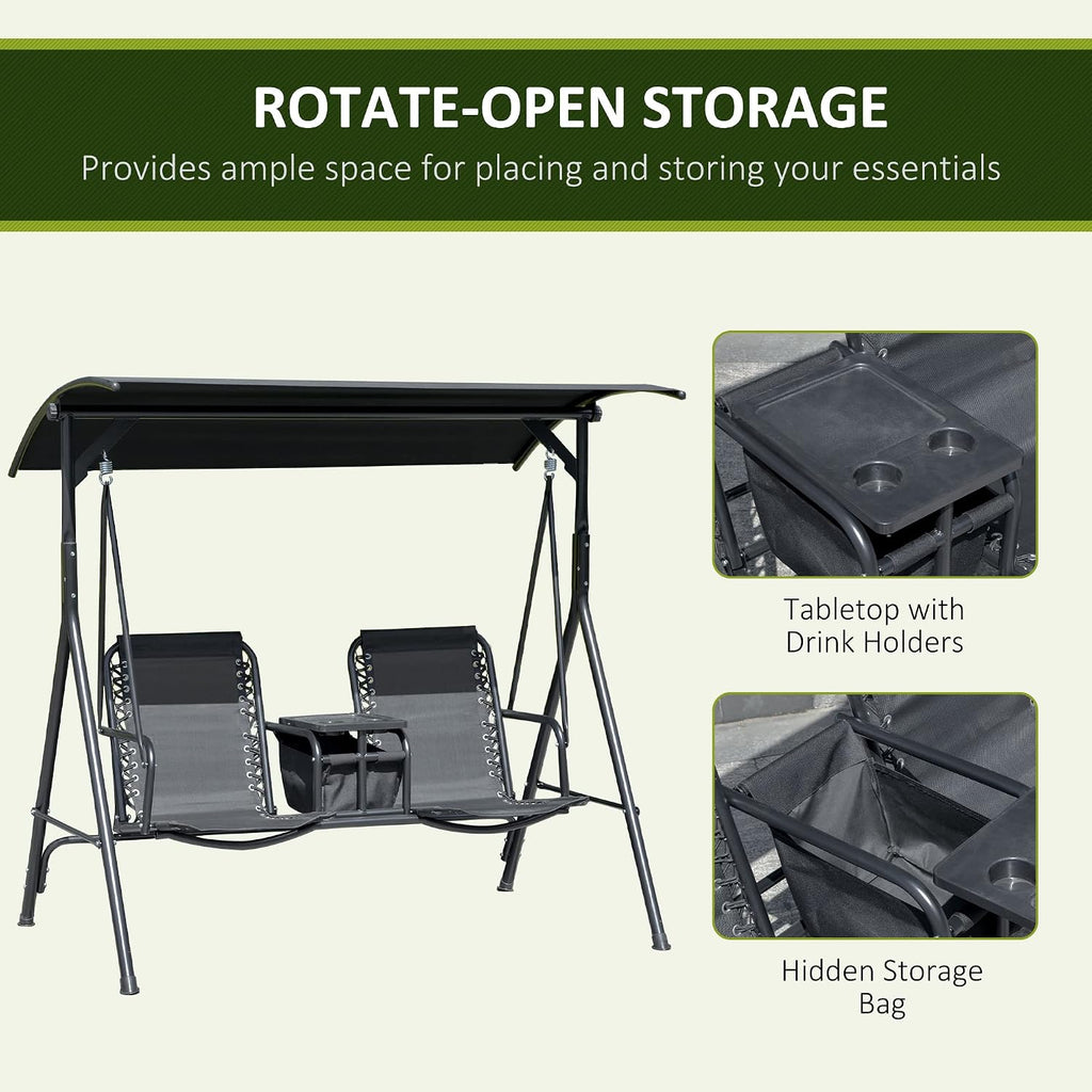 Outsunny 2-Seater Patio Swing Chair, Outdoor Canopy Swing Glider with Pivot Storage Table, Cup Holder, Adjustable Shade, Bungie Seat Suspension and Weather Resistant Steel Frame, Black