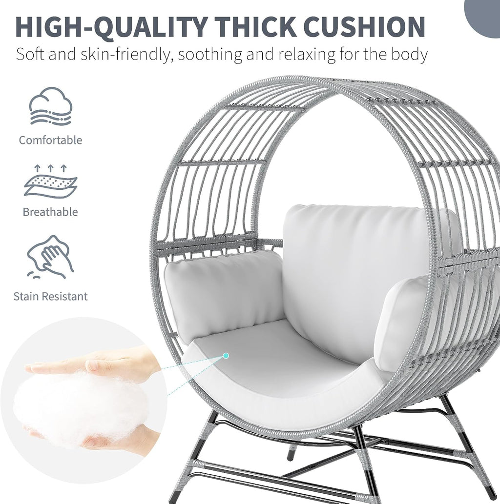 Fancyango Egg Chair Outdoor Indoor, Oversized Rattan Chair with Thicken Cushion, 350LBS Capacity Wicker Patio Lounge Chair, Basket Chair for Living Room Balcony Porch Backyard, Grey/Light Grey