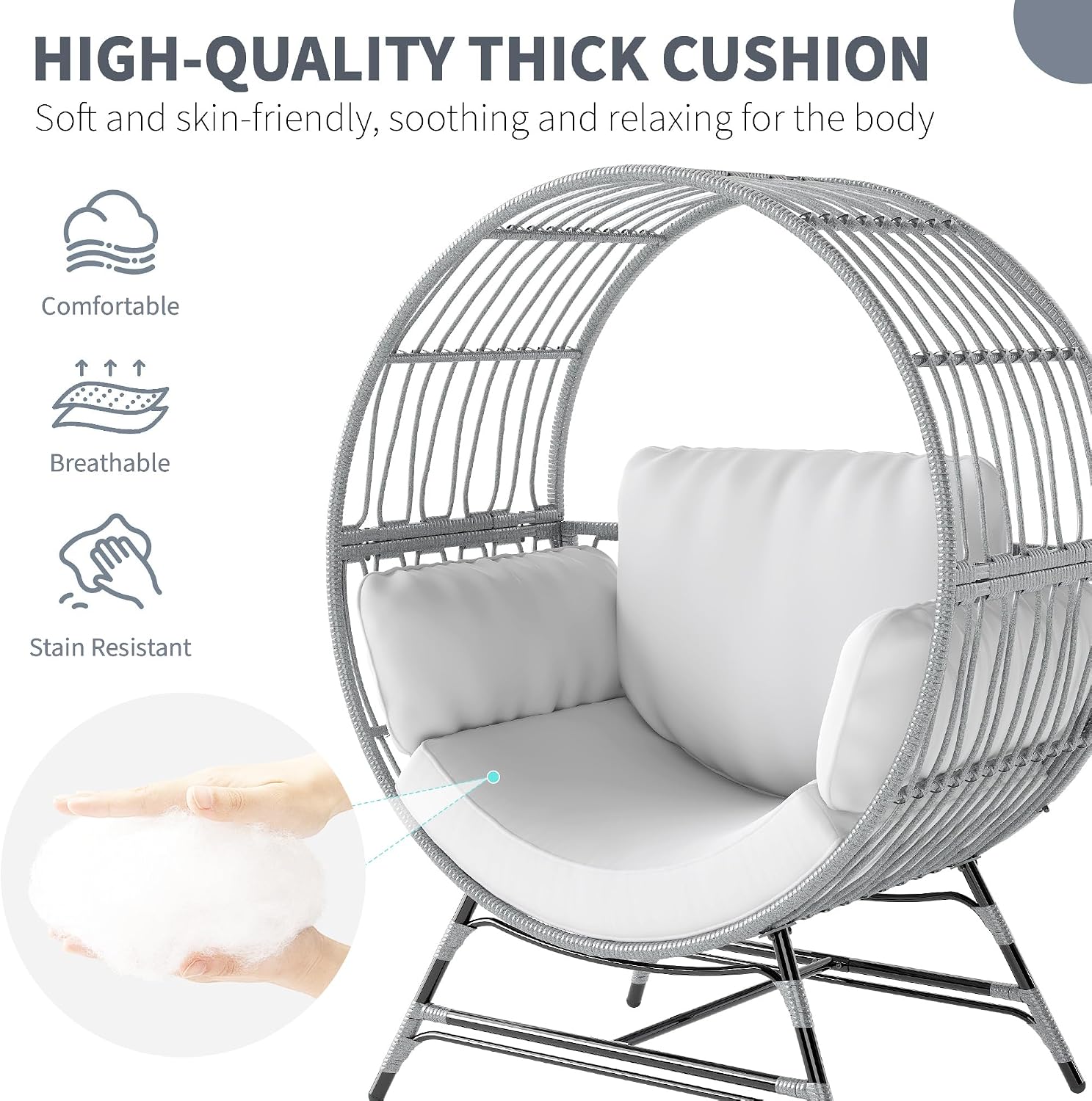 Fancyango Egg Chair Outdoor Indoor, Oversized Rattan Chair with Thicken Cushion, 350LBS Capacity Wicker Patio Lounge Chair, Basket Chair for Living Room Balcony Porch Backyard, Grey/Light Grey