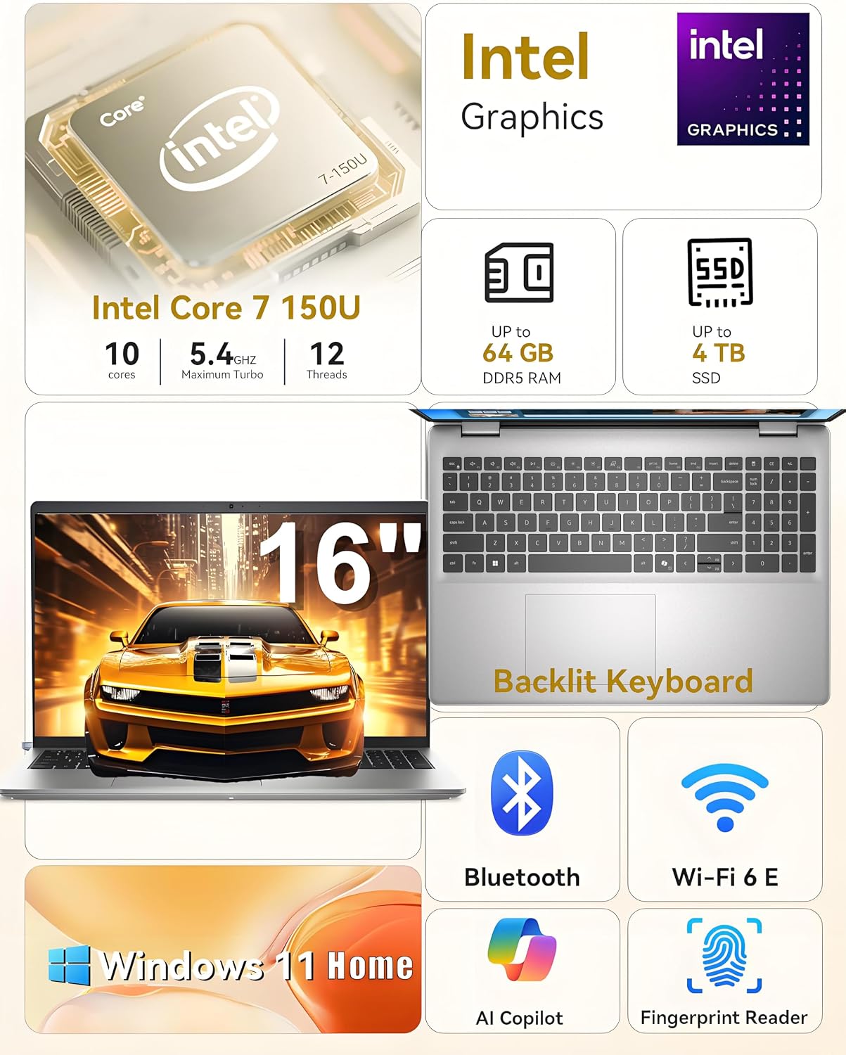Dell 16 Touchscreen Laptop for Business & Home Student, Intel Core 7 150U Processor, AI Copilot+ PC, 16GB DDR5 RAM, 1TB PCIe SSD, WiFi 6E, Fingerprint, Backlit KB, Office 365, Windows 11 Home