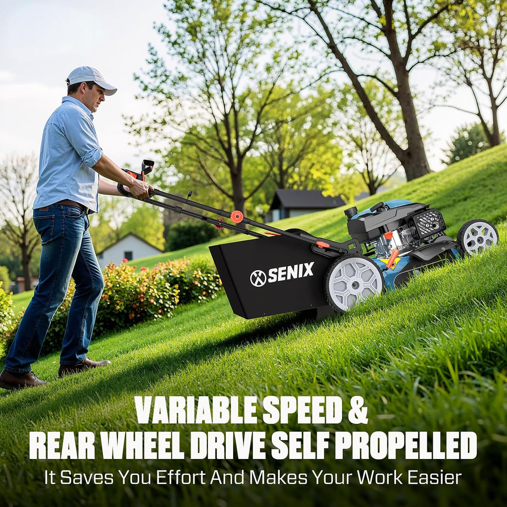 SENIX 22 Inch Gas Lawn Mower, 201cc 4-Cycle OHV Engine, Variable Speed Rear Wheel Self-Propelled Mower, 3-in-1 Mower with Bagging, Mulching & Side Discharge, 6-Positions Adjustable Cutting Height