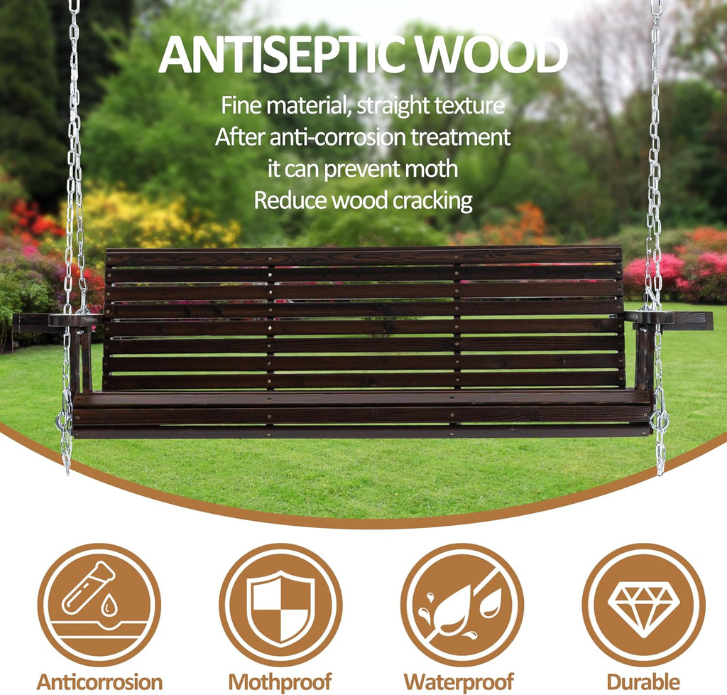 Finnhomy Fir Wooden Hanging Porch Swing Beach with Cupholders and Hanging Chains, 880 LBS Weight Capacity with 5 ft. Seat Width, for Outdoor Patio Garden Backyard(Rustic,Swing)